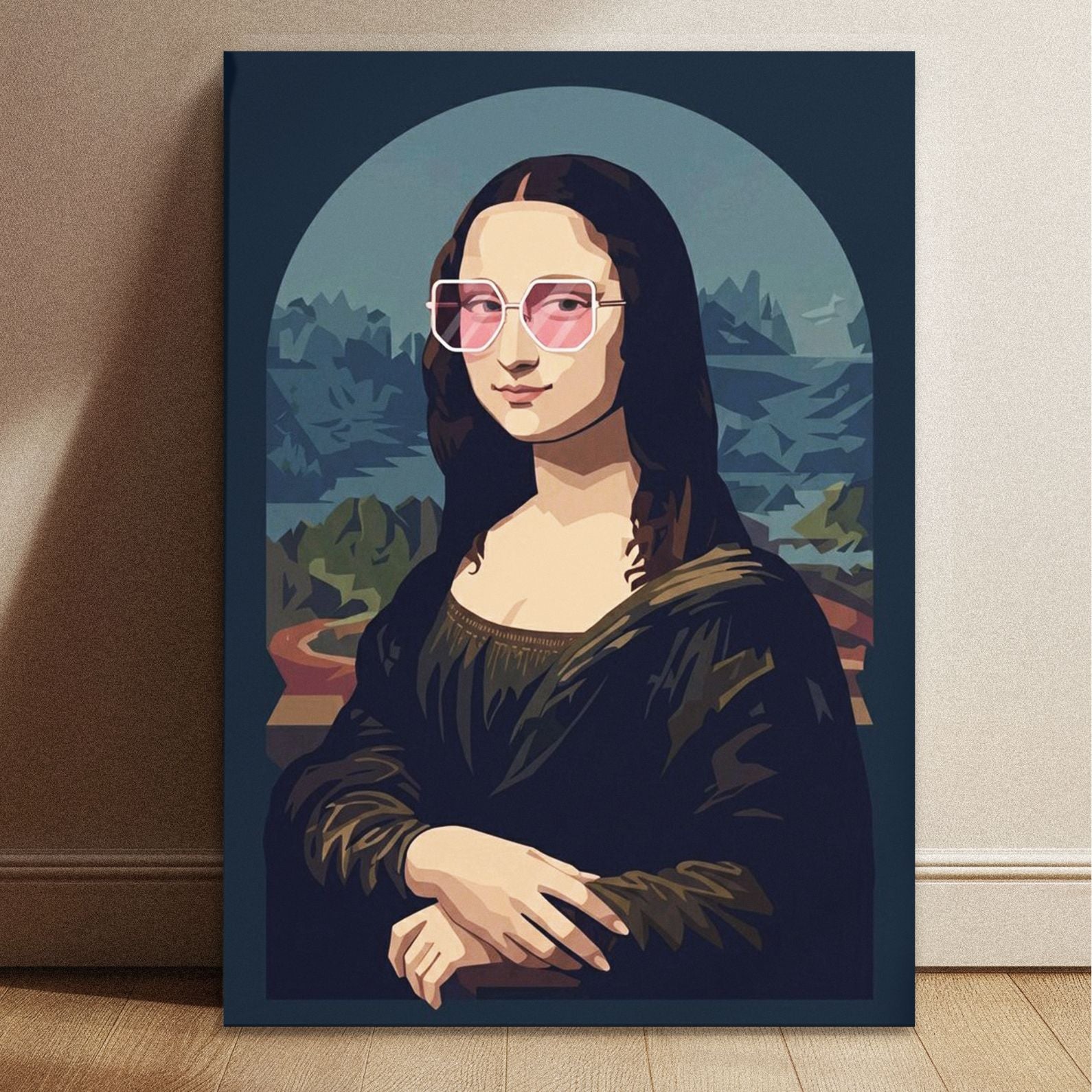Mona Lisa wearing pink shades pop art print in 8.3 by 11.7 inch size for trendy home office styling.