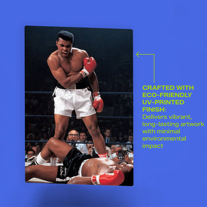 Muhammad Ali legendary knockout of Sonny Liston metal poster wall art featuring an eco-friendly vibrant UV-printed finish.
