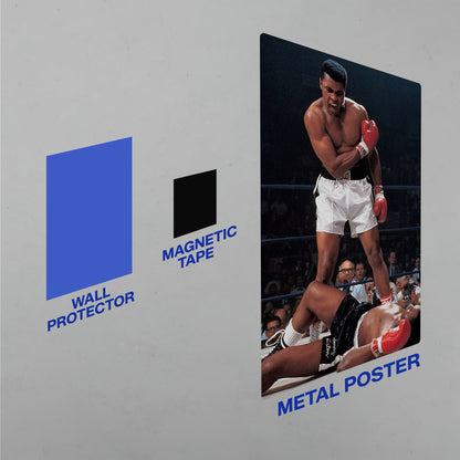 Boxing sports memorabilia metal poster set including a wall protector and magnetic tape for easy damage-free mounting.