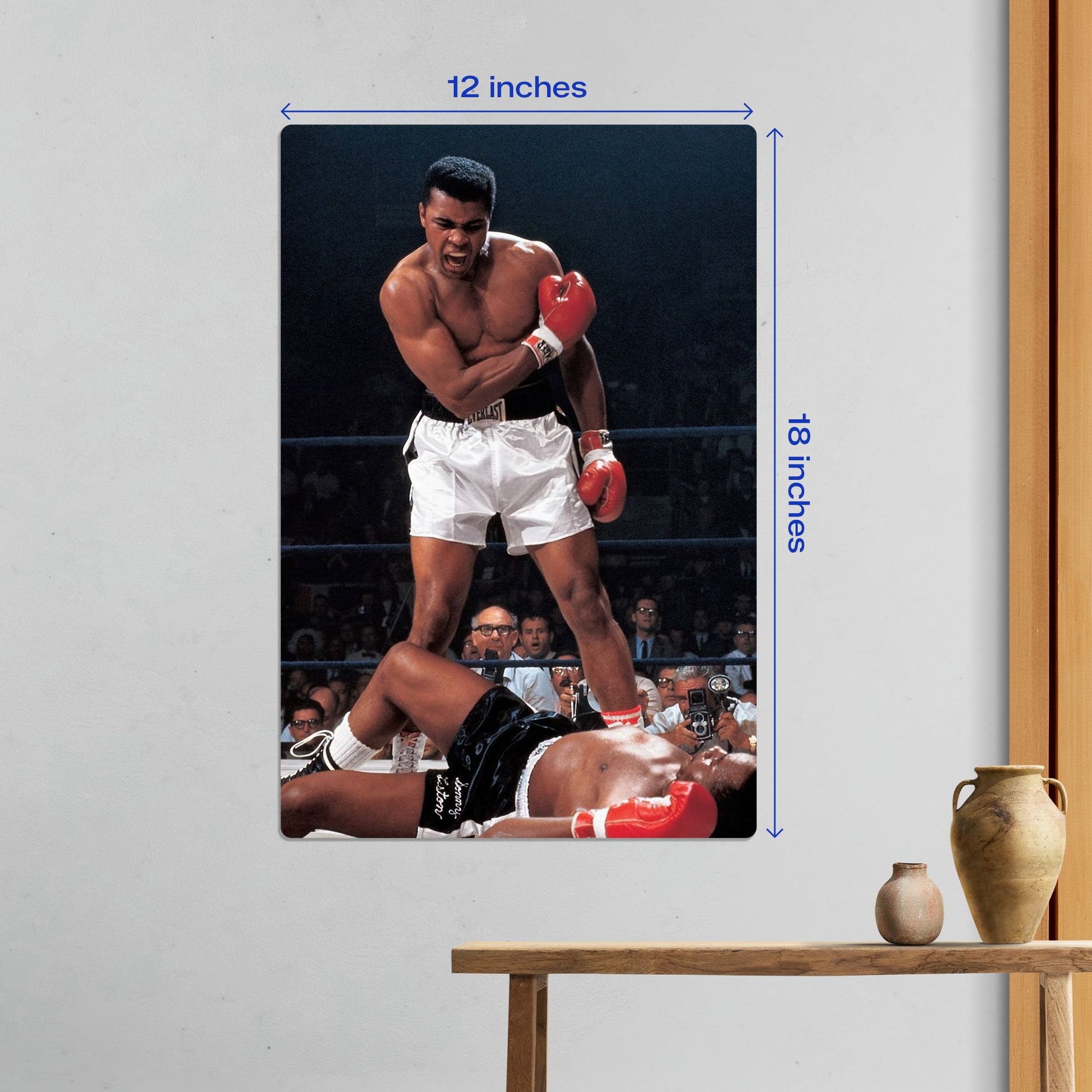 Medium 12x18 inch Muhammad Ali vs Sonny Liston metal poster wall decor highlighting the championship boxing moment.