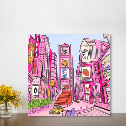NYC Times Square Pink Whimsical Illustration Square Poster