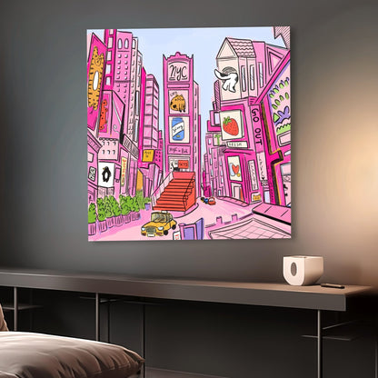NYC Times Square Pink Whimsical Illustration Square Poster