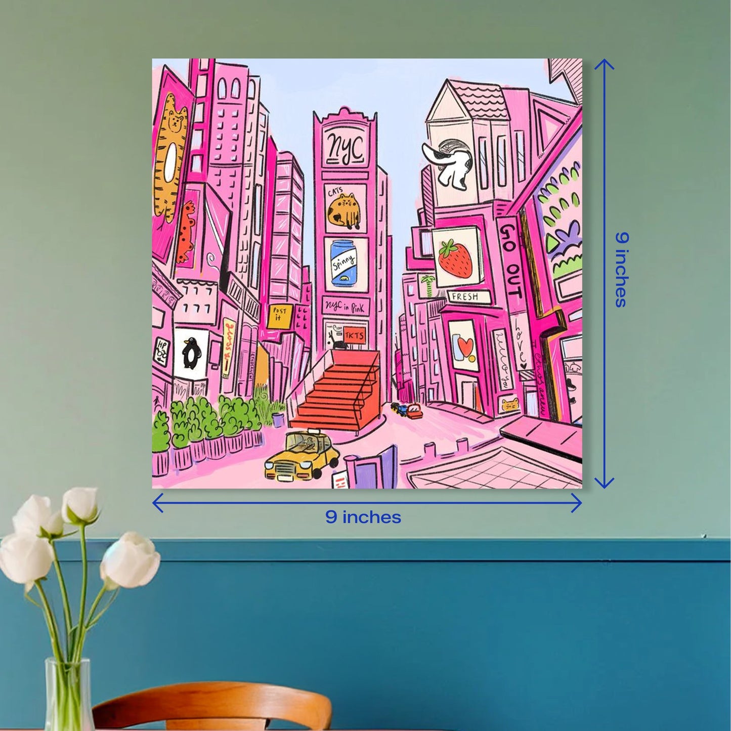 NYC Times Square Pink Whimsical Illustration Square Poster