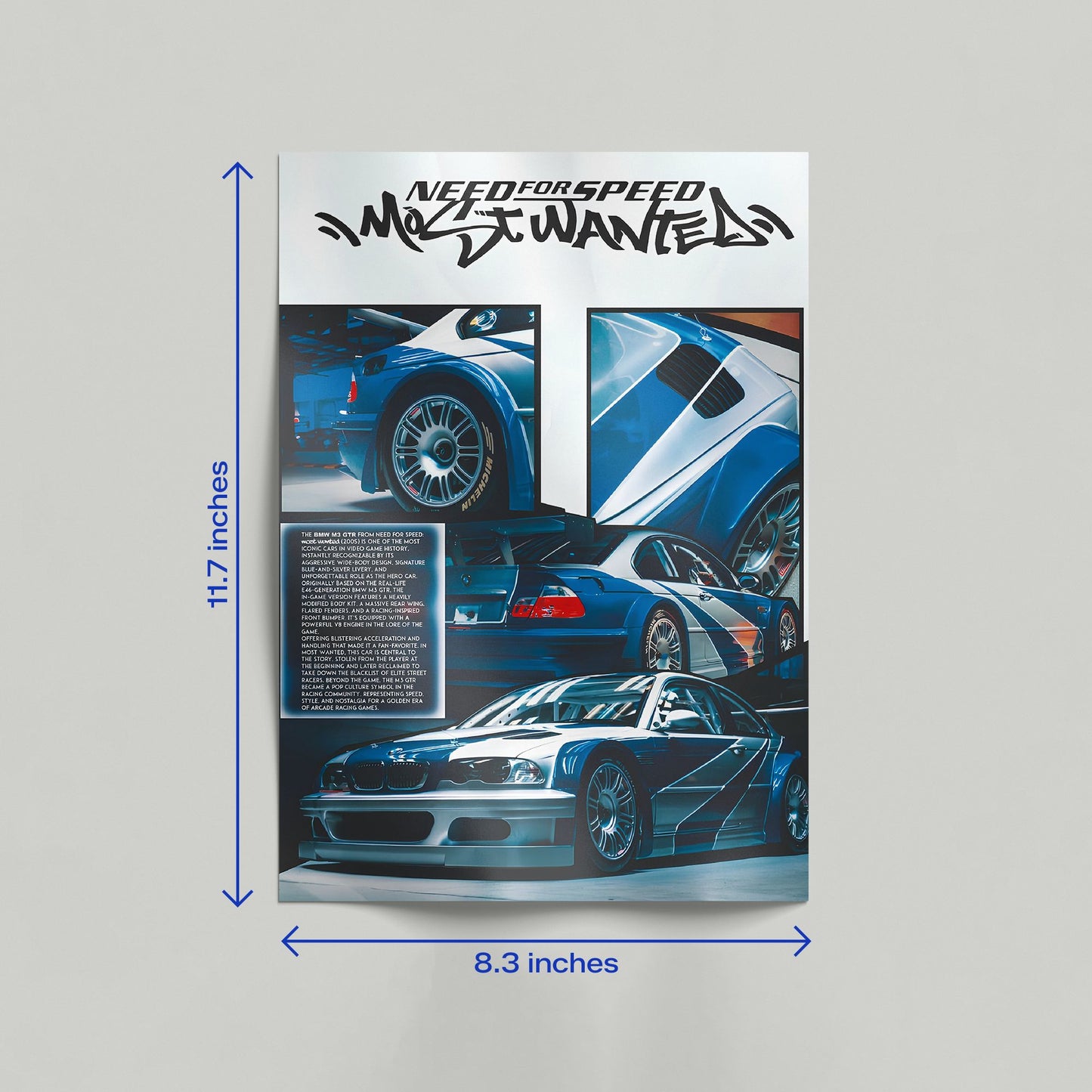 Need For Speed BMW M3 GTR Most Wanted car canvas leaning against a wall in a room featuring a blue and silver livery.
