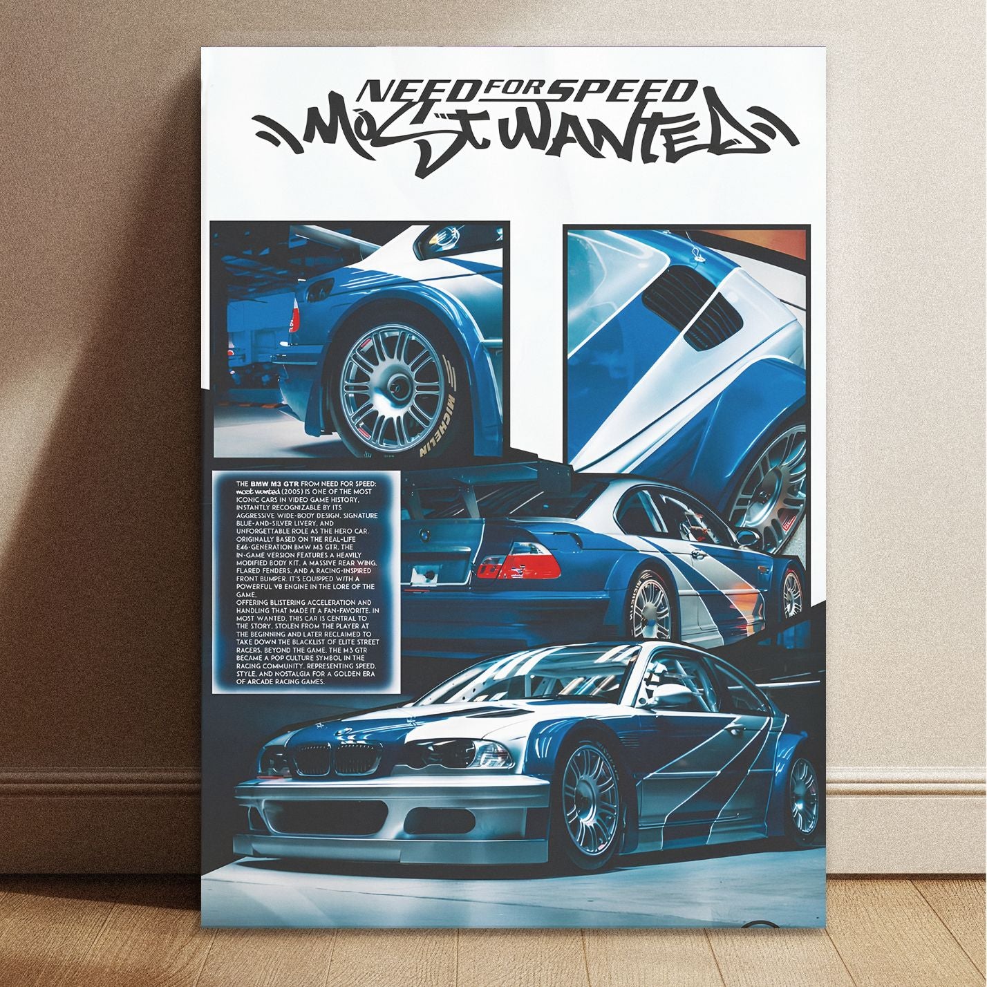 Need For Speed BMW M3 GTR Most Wanted car poster with 11.7 by 8.3 inch dimensions featuring a blue and silver livery.
