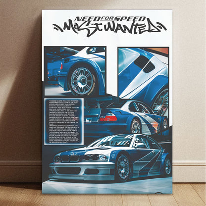 Need For Speed BMW M3 GTR Most Wanted car poster with 11.7 by 8.3 inch dimensions featuring a blue and silver livery.