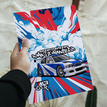 Large 11.7 by 16.5 inch Need For Speed Most Wanted poster featuring the iconic BMW M3 GTR with stylized drift smoke.