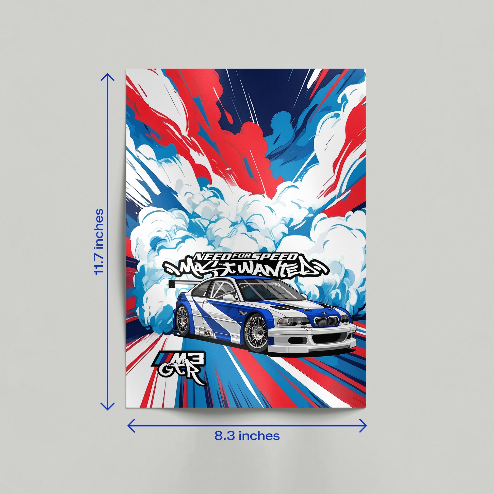 Need For Speed Most Wanted BMW M3 GTR art print leaning against a wall in a clean home interior.