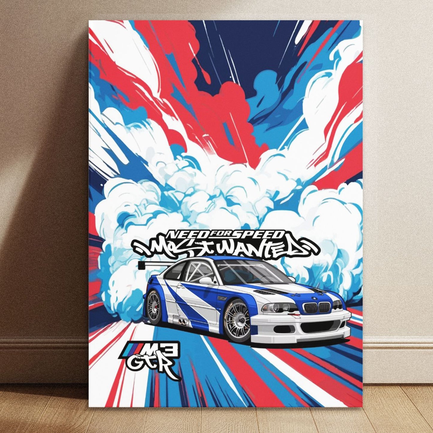 Need For Speed Most Wanted BMW M3 GTR racing poster measuring 8.3 by 11.7 inches with vibrant automotive graphics.
