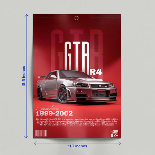 Red automotive poster featuring a silver Nissan Skyline GT-R R34 leaning against a beige textured wall on a wooden floor.
