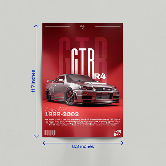 Large Nissan Skyline GT-R R34 poster on a red background with dimensions indicated as 16.5 inches height by 11.7 inches width.