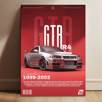 A person's hand holding up the red Nissan Skyline GT-R R34 poster outdoors against a blurred white wall background.