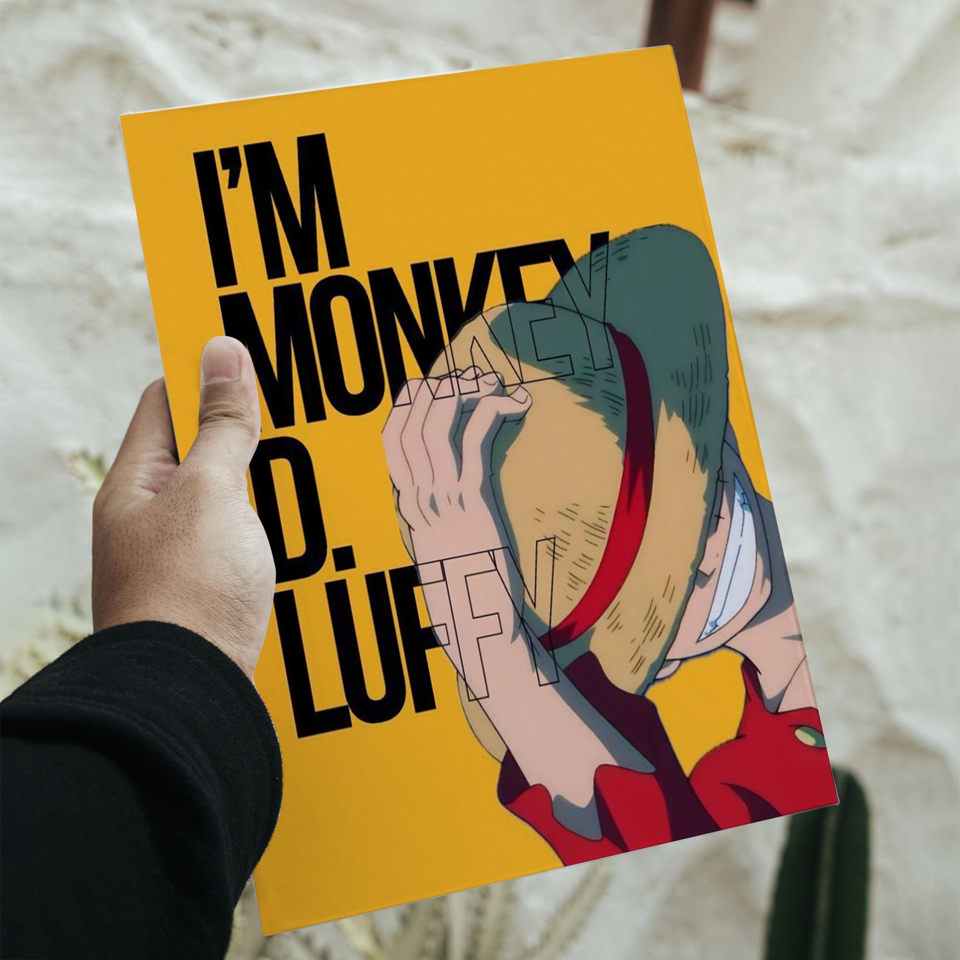 One Piece Monkey D. Luffy anime intro poster with yellow background and black typography measuring 16.5 by 11.7 inches.