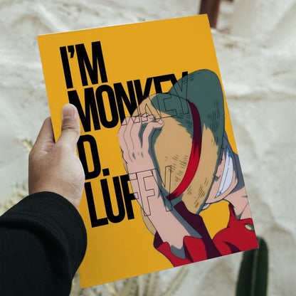 One Piece Monkey D. Luffy anime intro poster with yellow background and black typography measuring 16.5 by 11.7 inches.