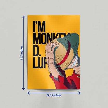 Modern room decor featuring the One Piece Monkey D. Luffy yellow intro poster as a canvas print leaning against a wall.