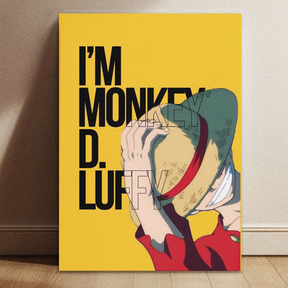 Monkey D. Luffy One Piece minimalist yellow poster featuring iconic straw hat and intro text measuring 11.7 by 8.3 inches.