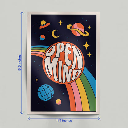A hand holding a vibrant retro cosmic poster titled "Open Mind" featuring groovy typography and space elements.