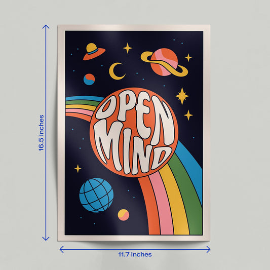 A hand holding a vibrant retro cosmic poster titled "Open Mind" featuring groovy typography and space elements.