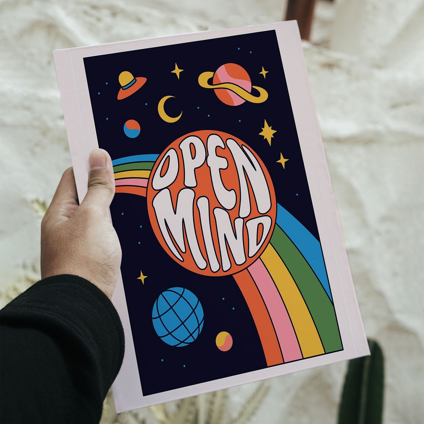 A retro-style 11.7 by 16.5 inch space typography poster with "Open Mind" text inside a colorful cosmic design.