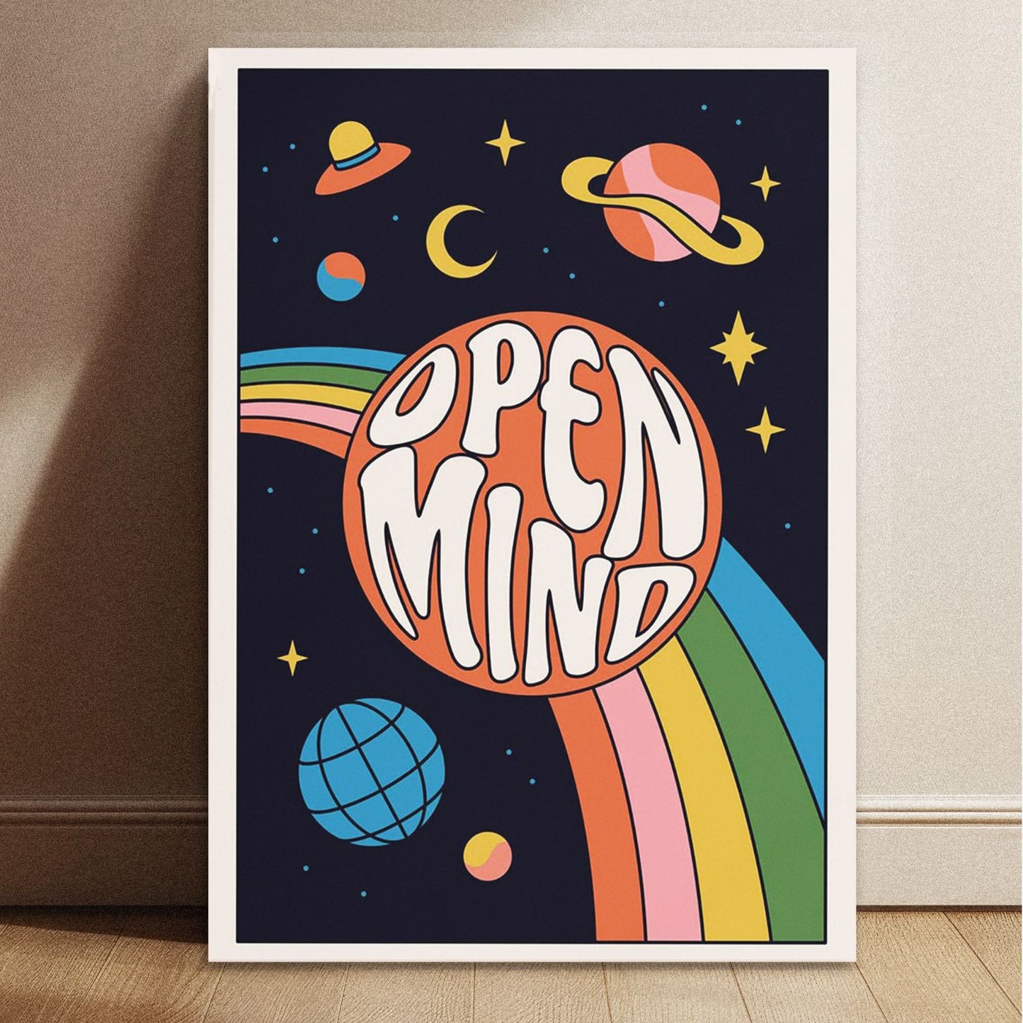 An 8.3 by 11.7 inch vintage-inspired "Open Mind" typography poster featuring planets and a rainbow trail.
