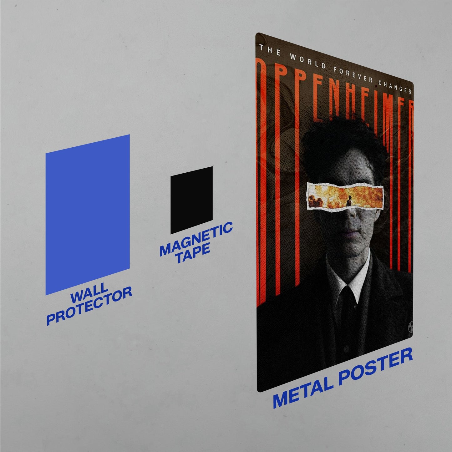 Installation guide for Oppenheimer metal poster showing the magnetic tape and wall protector mounting system for movie decor.