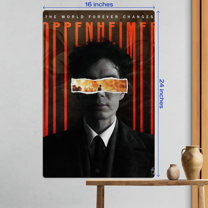 Large 16x24 inch Oppenheimer movie metal poster mounted on a wall in a living room setting above a wooden bench.