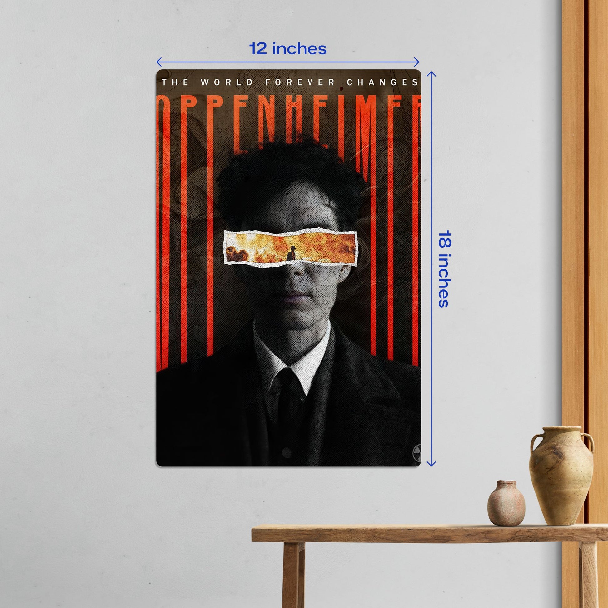 Medium 12x18 inch Oppenheimer metal poster with height and width measurements perfect for home cinema or office decor.