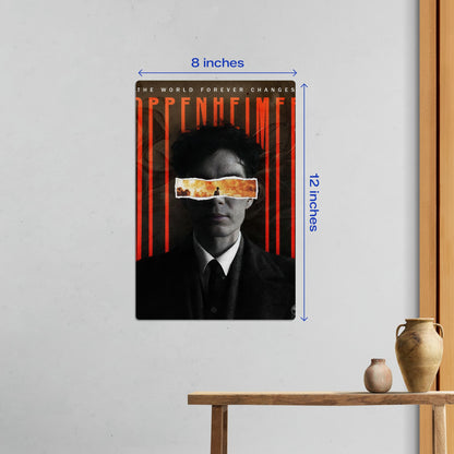 Small 8x12 inch Oppenheimer metal wall art print showing the dimensions of the Cillian Murphy collectible poster.