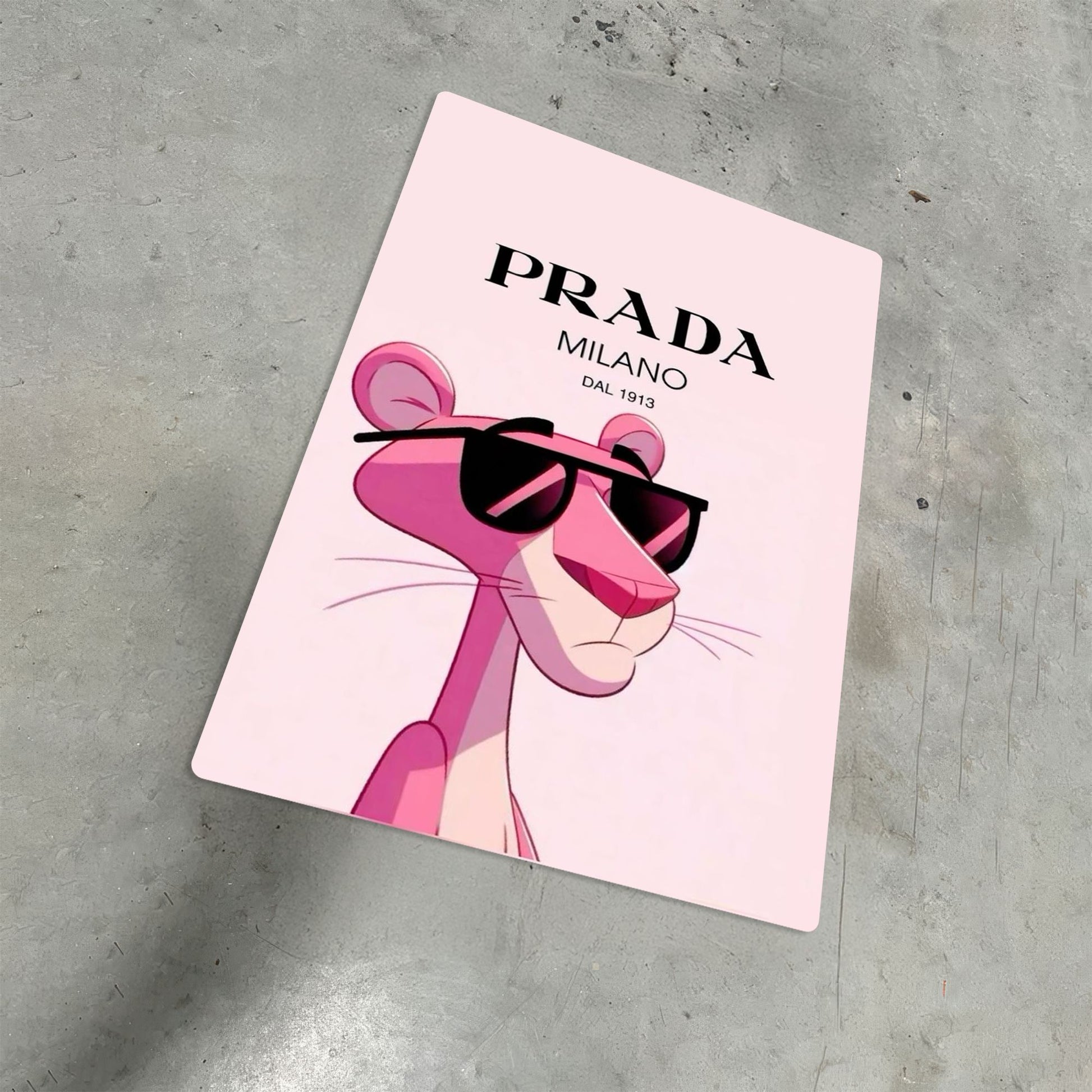 Pink Panther Prada luxury fashion metal poster illustration on a grey concrete surface featuring the character in sunglasses with Milano text.