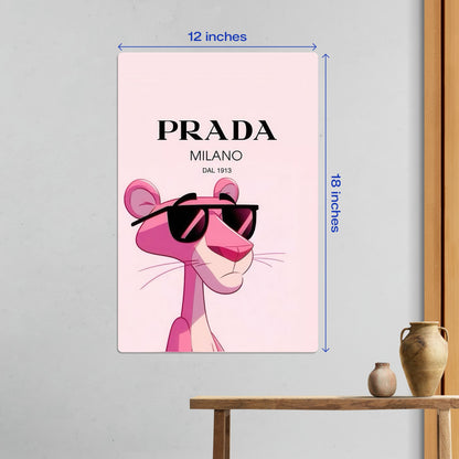 Medium size Pink Panther Prada luxury fashion metal poster measuring 12 inches by 18 inches displayed as minimalist designer wall art.