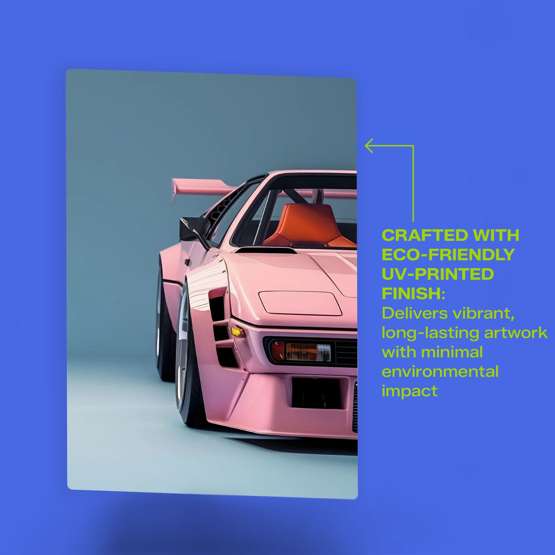 vibrant pink porsche 911 widebody metal poster highlighting the eco-friendly uv-printed finish