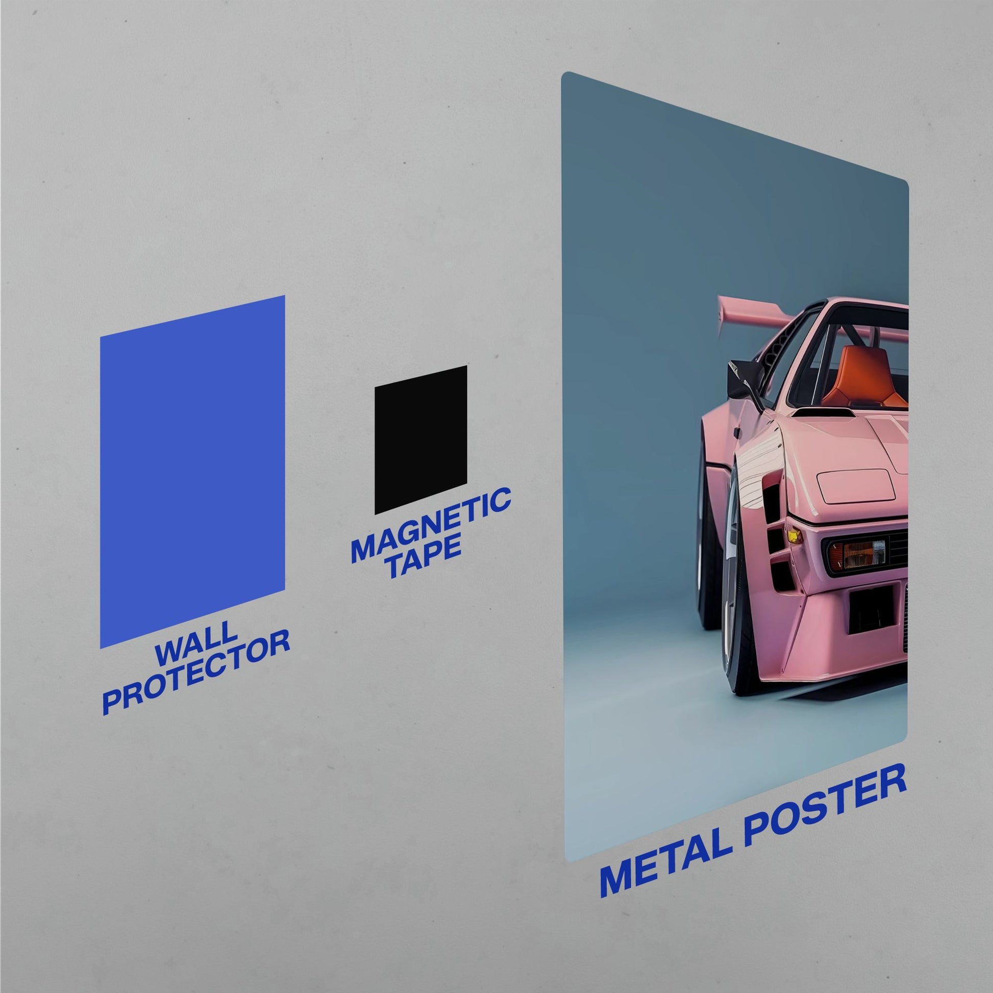custom pink porsche 911 jdm metal poster shown with magnetic tape and wall protector mounting kit
