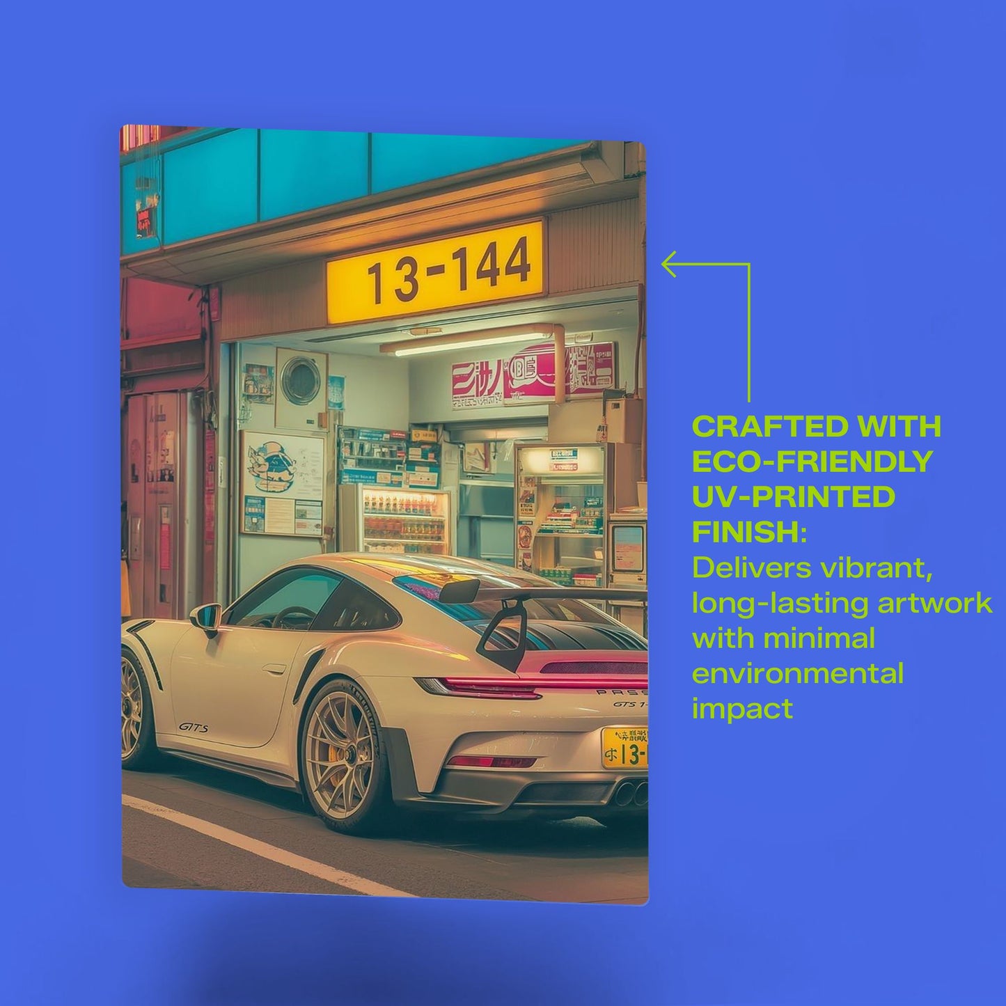 Eco-friendly UV-printed metal poster of a Porsche 911 GT3 RS with vibrant long-lasting colors and minimal environmental impact.