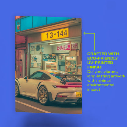 Eco-friendly UV-printed metal poster of a Porsche 911 GT3 RS with vibrant long-lasting colors and minimal environmental impact.