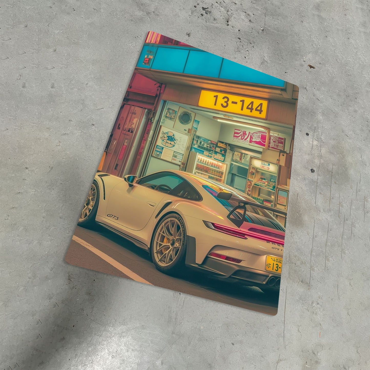 Porsche 911 GT3 RS metal poster with JDM aesthetic featuring a white sports car parked in a neon Tokyo street.