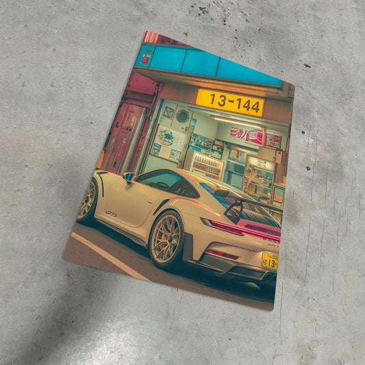 Porsche 911 GT3 RS metal poster with JDM aesthetic featuring a white sports car parked in a neon Tokyo street.