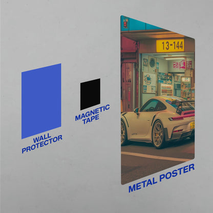 Damage-free wall mounting kit for car metal posters including a blue wall protector and a black magnetic tape.