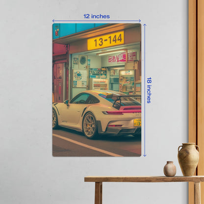 Medium 12 by 18 inch Porsche 911 GT3 RS JDM style metal poster shown with dimensions for home interior styling.