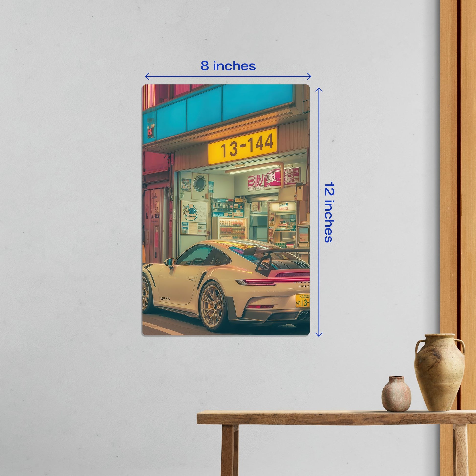 Small 8 by 12 inch Porsche 911 GT3 RS JDM style metal poster perfect for office or small apartment wall decor.