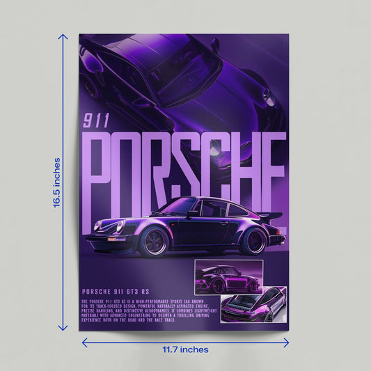 Hand holding a vibrant Porsche 911 GT3 RS automotive art print with a retro neon purple aesthetic and car specs.
