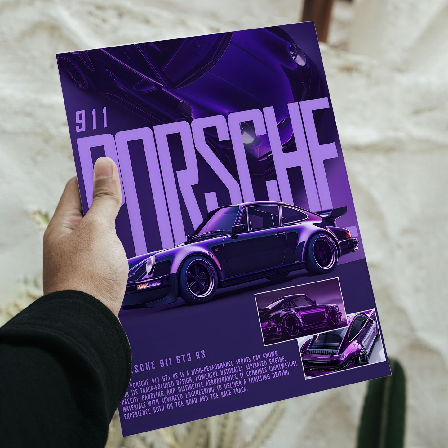 Porsche 911 GT3 RS neon purple car poster with 16.5 by 11.7 inch dimensions featuring a vintage sports car design.