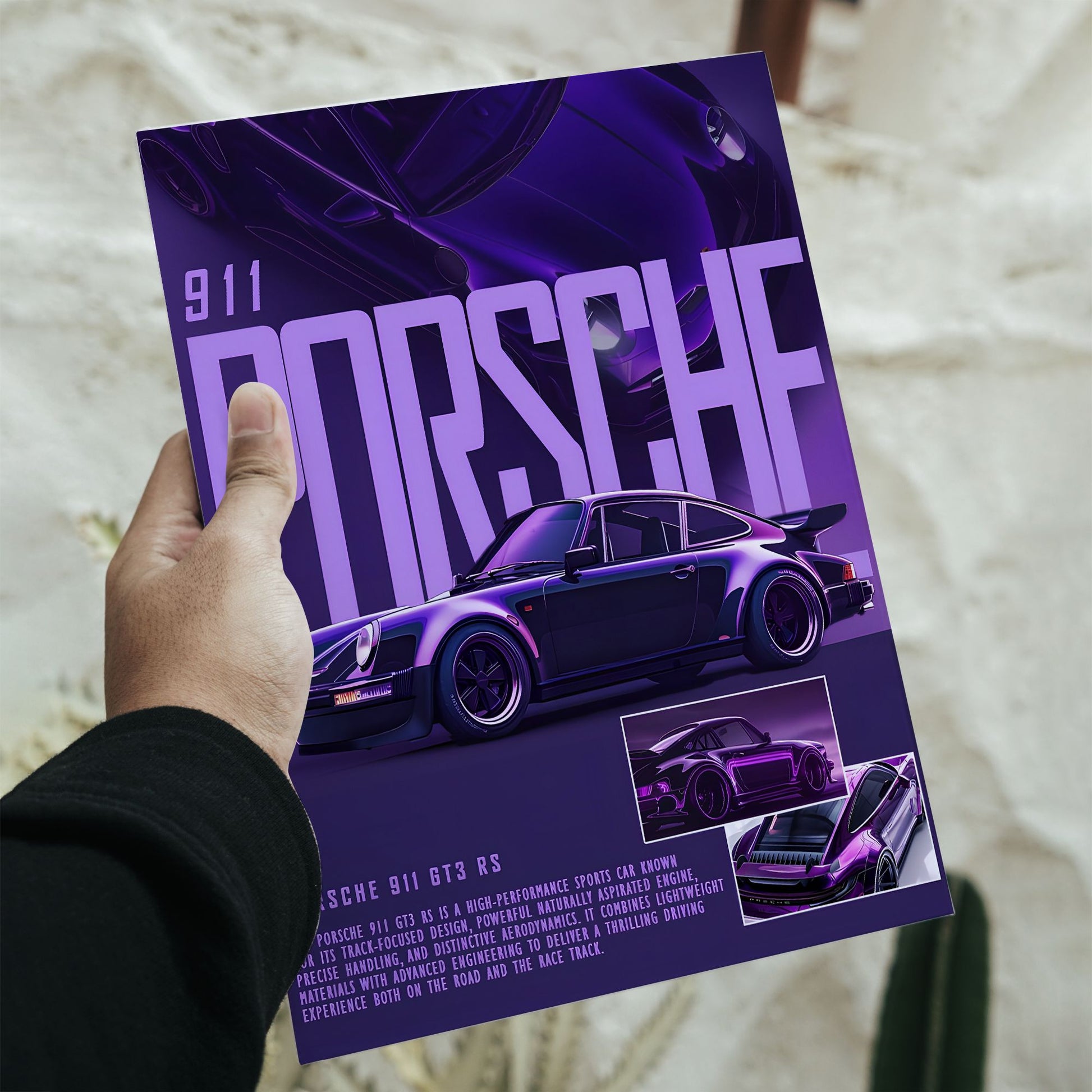 Porsche 911 GT3 RS neon purple car poster with 16.5 by 11.7 inch dimensions featuring a vintage sports car design.