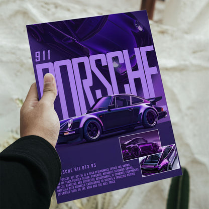 Porsche 911 GT3 RS neon purple car poster with 16.5 by 11.7 inch dimensions featuring a vintage sports car design.