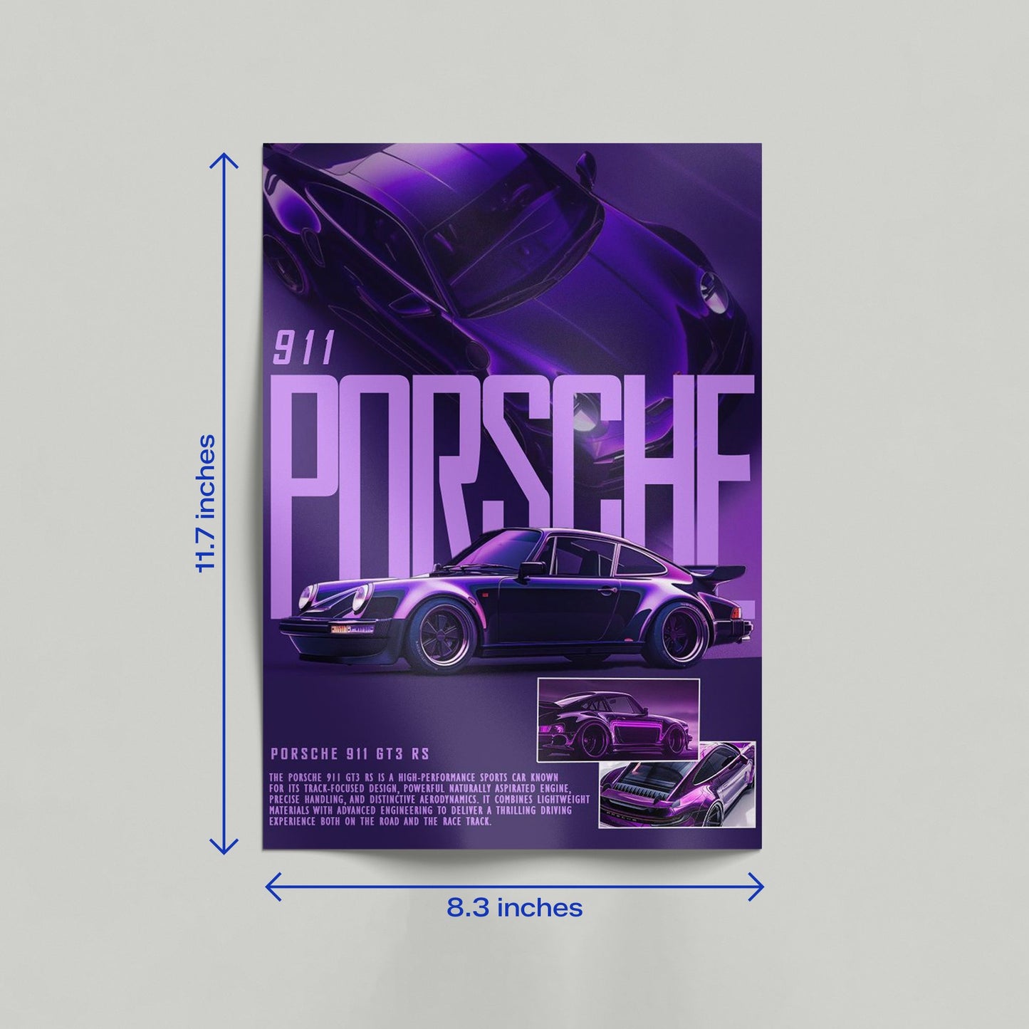 Porsche 911 GT3 RS neon purple car canvas leaning against a wall in a room featuring a vintage sports car design.