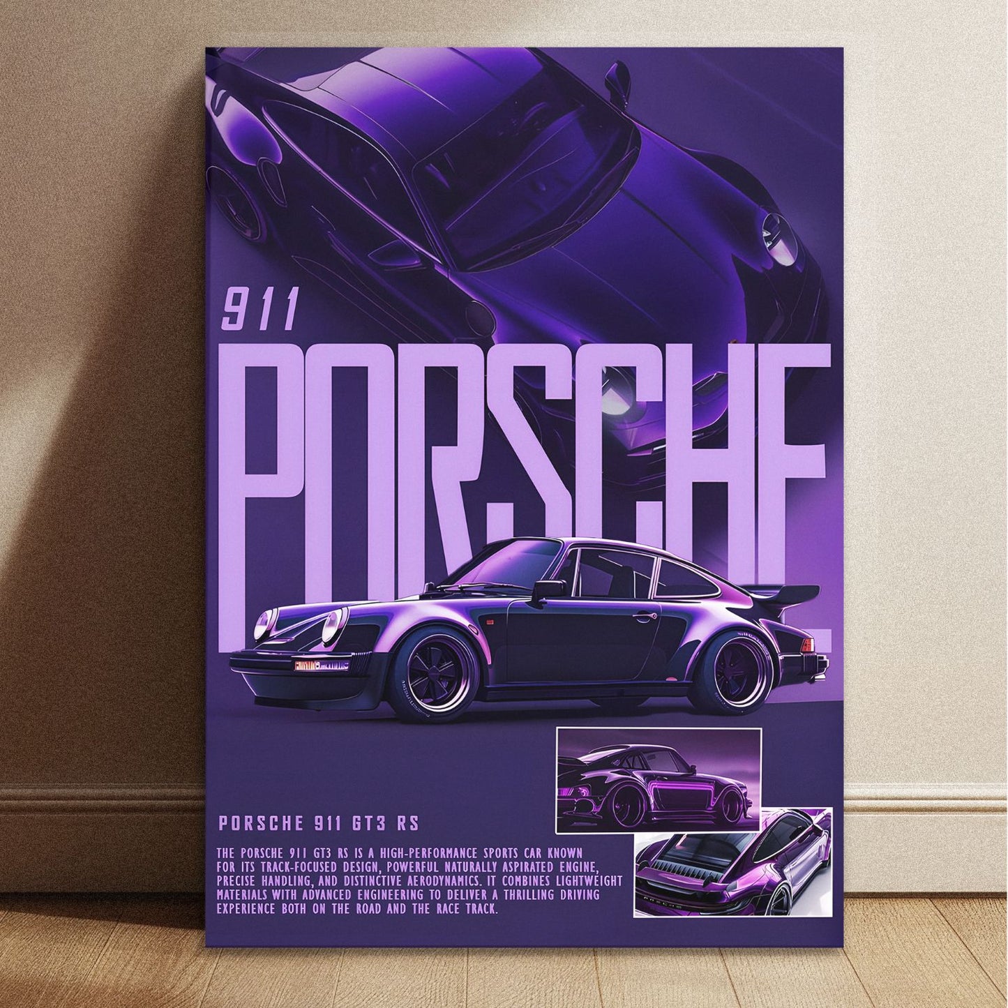 Porsche 911 GT3 RS neon purple car poster with 11.7 by 8.3 inch dimensions featuring a vintage sports car design.
