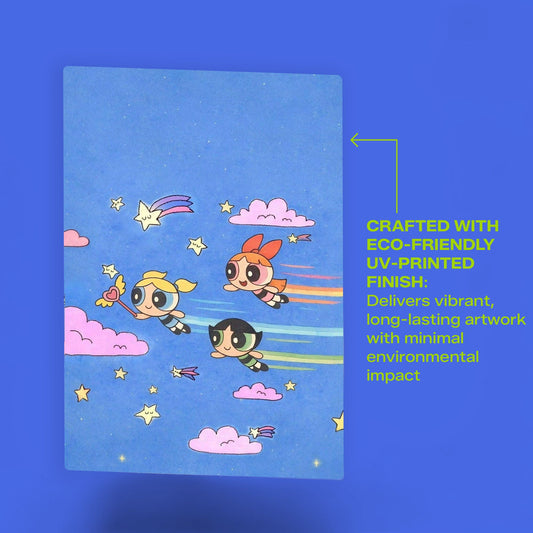 Powerpuff Girls wall art with eco-friendly UV-printed finish featuring Blossom, Bubbles, and Buttercup in a colorful retro style.