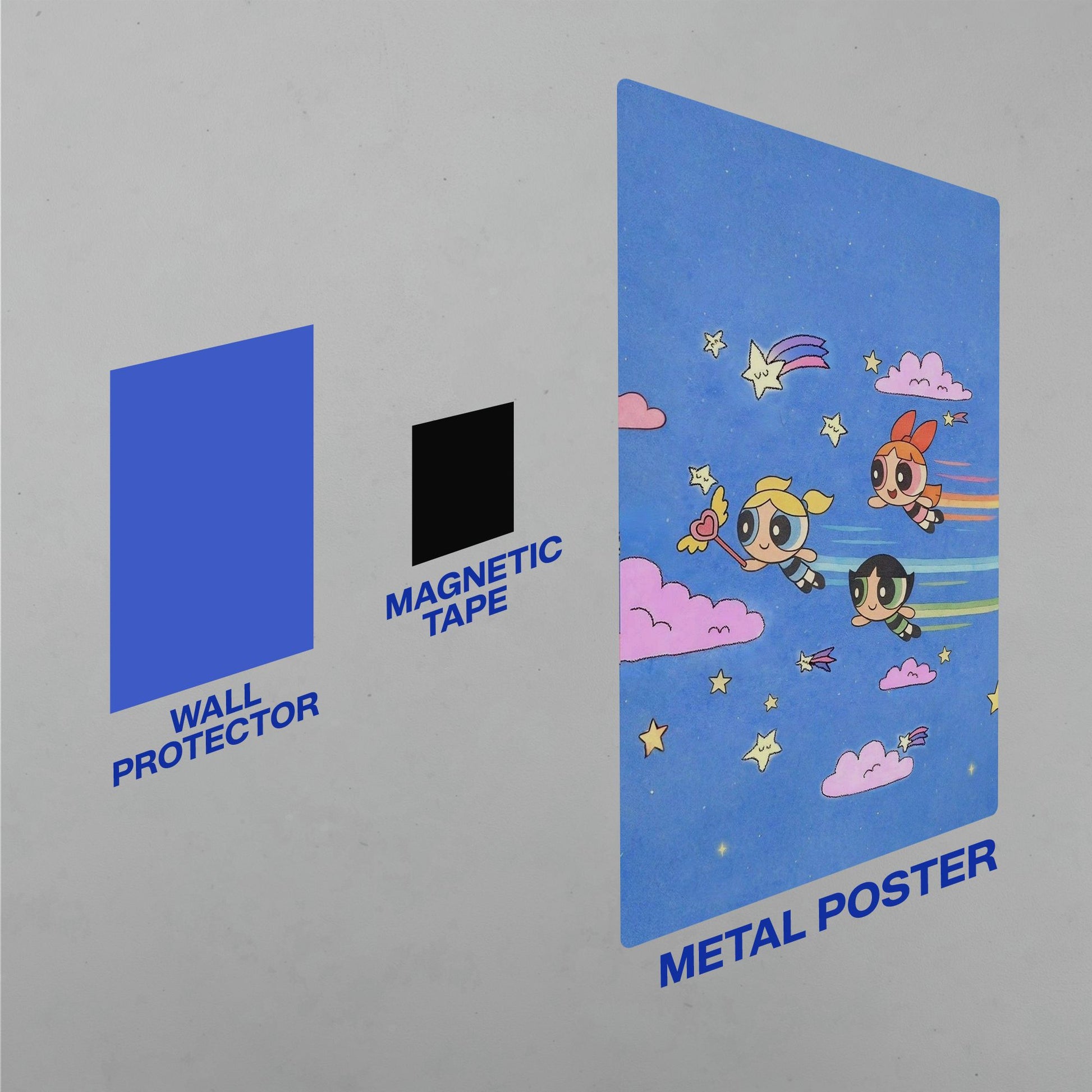Powerpuff Girls metal wall decor installation guide showing the metal poster with magnetic tape and wall protector mounting system.