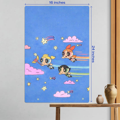 Powerpuff Girls Flying in Starry Sky Metal Poster