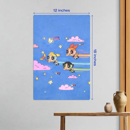 Powerpuff Girls Flying in Starry Sky Metal Poster