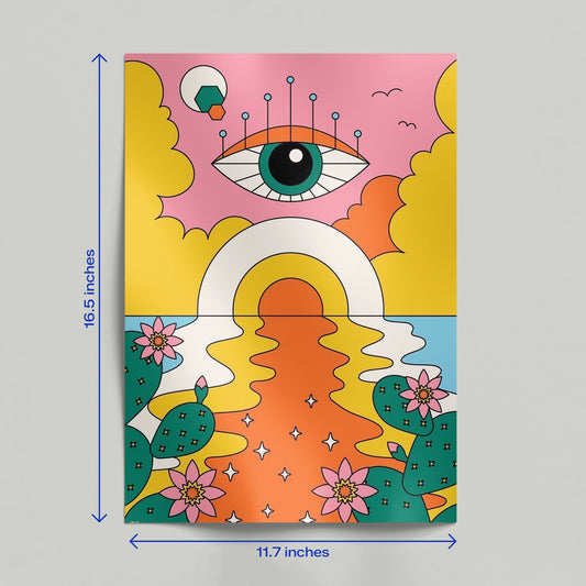 Hand holding a vibrant 70s retro style psychedelic art print featuring a desert landscape with cactus flowers.